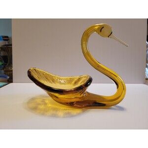 Swan Amber Candy Dish Trinket Bowl Viking Glass Yellow Gold Mid Century